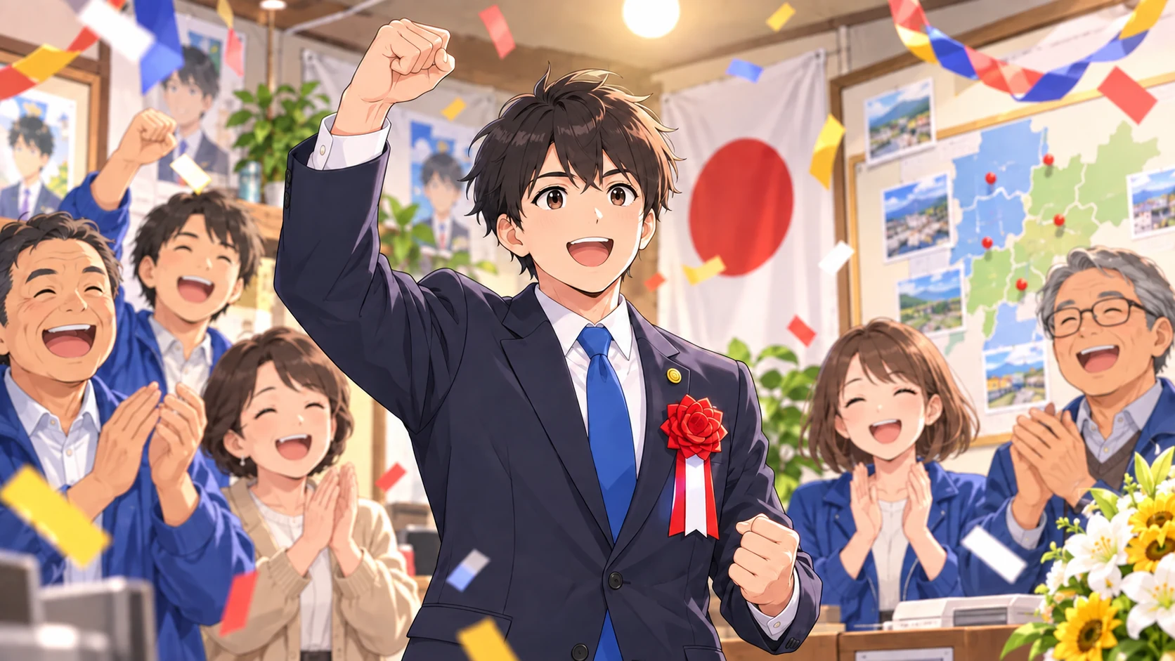 初当選を喜ぶ主人公と支援者たち